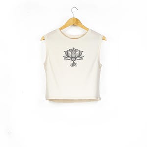 Lotus Flower Sleeveless Yoga Top | Floral Mandala Print With Peace Sanskrit Text | Ladies Vegan Cropped Tank Top in Washed Ivory