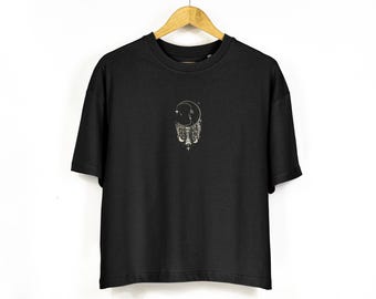 Womens Oversized Boxy T Shirt With Moon Print | Lunar Magic T-Shirt | Ladies Boho Boxy TShirt in Deep Black