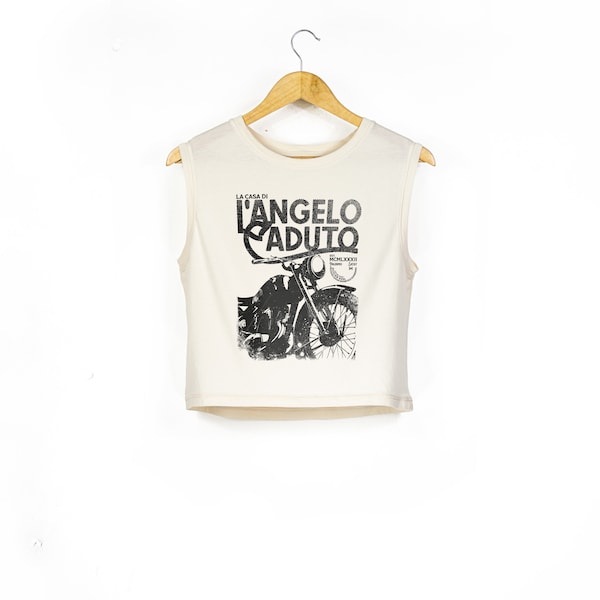 Women's Vintage Motorcycle Print Sleeveless Tank Top | L'Angelo Caduto Retro Biker Print | Vintage Aesthetic Cropped Top | Retro Biker Shirt
