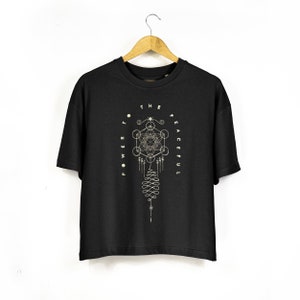 Maglietta squadrata oversize da donna con stampa Unalome / Maglietta con slogan organico 'Power To The Peaceful' / Maglietta da donna Mandala Yoga