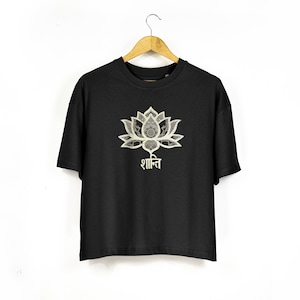 Women&#39;s &#39;Peace&#39; Lotus Flower Print With Sanskrit Text Organic Cotton Oversized Boxy T-Shirt