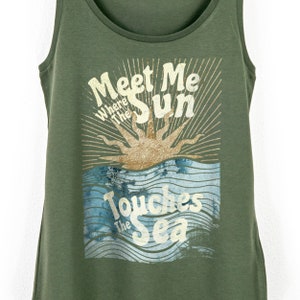 Womens Retro Vintage Summer Tank Top | Meet Me Where The Sun Touches The Sea Ocean Print Top | Ladies Beach Vibes Summer Fashion Active