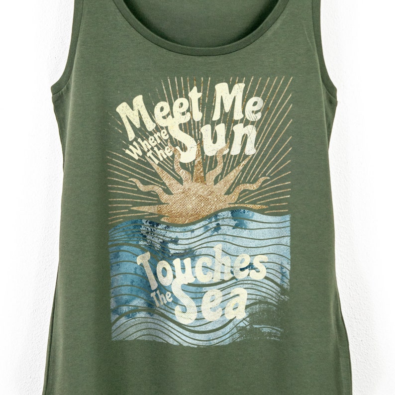 Womens Retro Vintage Summer Tank Top | Meet Me Where The Sun Touches The Sea Ocean Print Top | Ladies Beach Vibes Summer Fashion Active