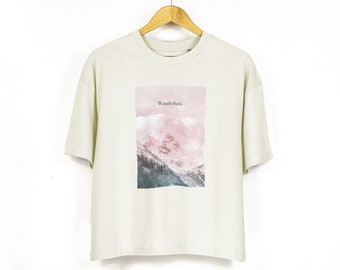 Womens Oversized Boxy T Shirt With Mountain Print | Wanderlust Graphic Tee | Ladies Boxy T-Shirt in Off White