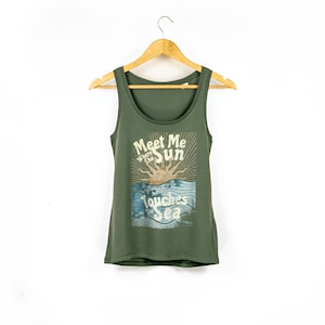 Womens Retro Vintage Summer Tank Top | Meet Me Where The Sun Touches The Sea Ocean Print Top | Ladies Beach Vibes Summer Fashion Active