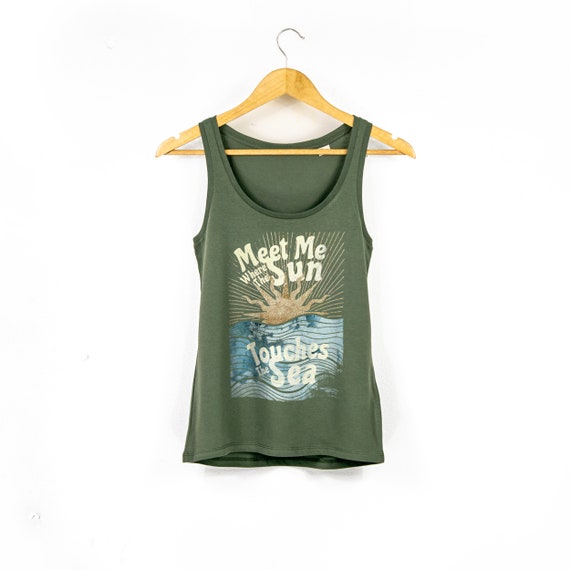 Womens Retro Vintage Summer Tank Top | Meet Me Where The Sun Touches The Sea Ocean Print Top | Ladies Beach Vibes Summer Fashion