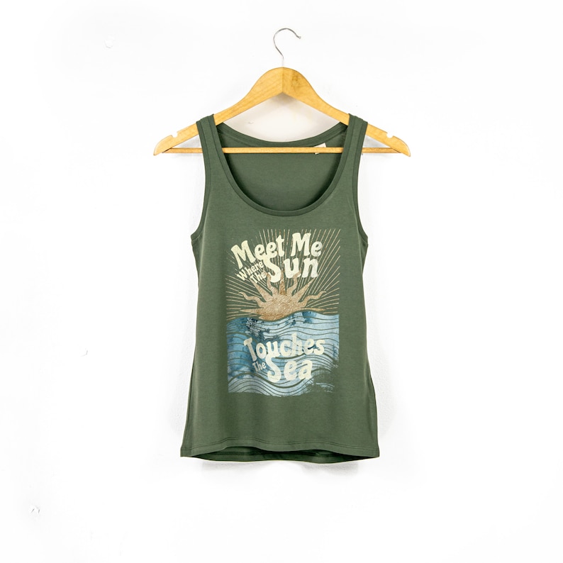 Womens Retro Vintage Summer Tank Top | Meet Me Where The Sun Touches The Sea Ocean Print Top | Ladies Beach Vibes Summer Fashion Active
