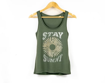 Women's Vintage Celestial Print Tank Top | 'Stay Sunny' Slogan TShirt | Organic Sun Print Yoga Top | Ladies Summer Fashion