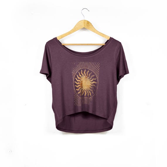 Womens Vintage Sun Print Oversized Flowy Top | Everybody Loves The Sunshine Distressed Celestial Print TShirt | Organic Blend Scoop Neck Tee