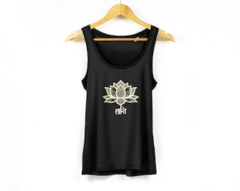 Women's 'Peace' Lotus Print With Sanskrit Text Yoga-Style Organic Cotton Tank Top