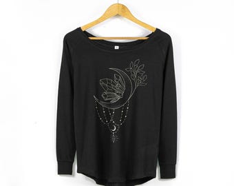 Womens Boho Off Shoulder Long Sleeve Top With Celestial Print | Lunar Crystals Print | Ladies Relaxed Scoop Neck Top in Black