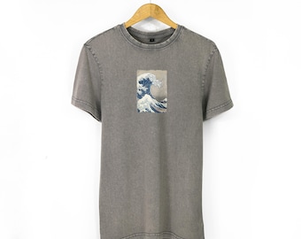 Mens Acid Wash TShirt With Japanese Wave Print