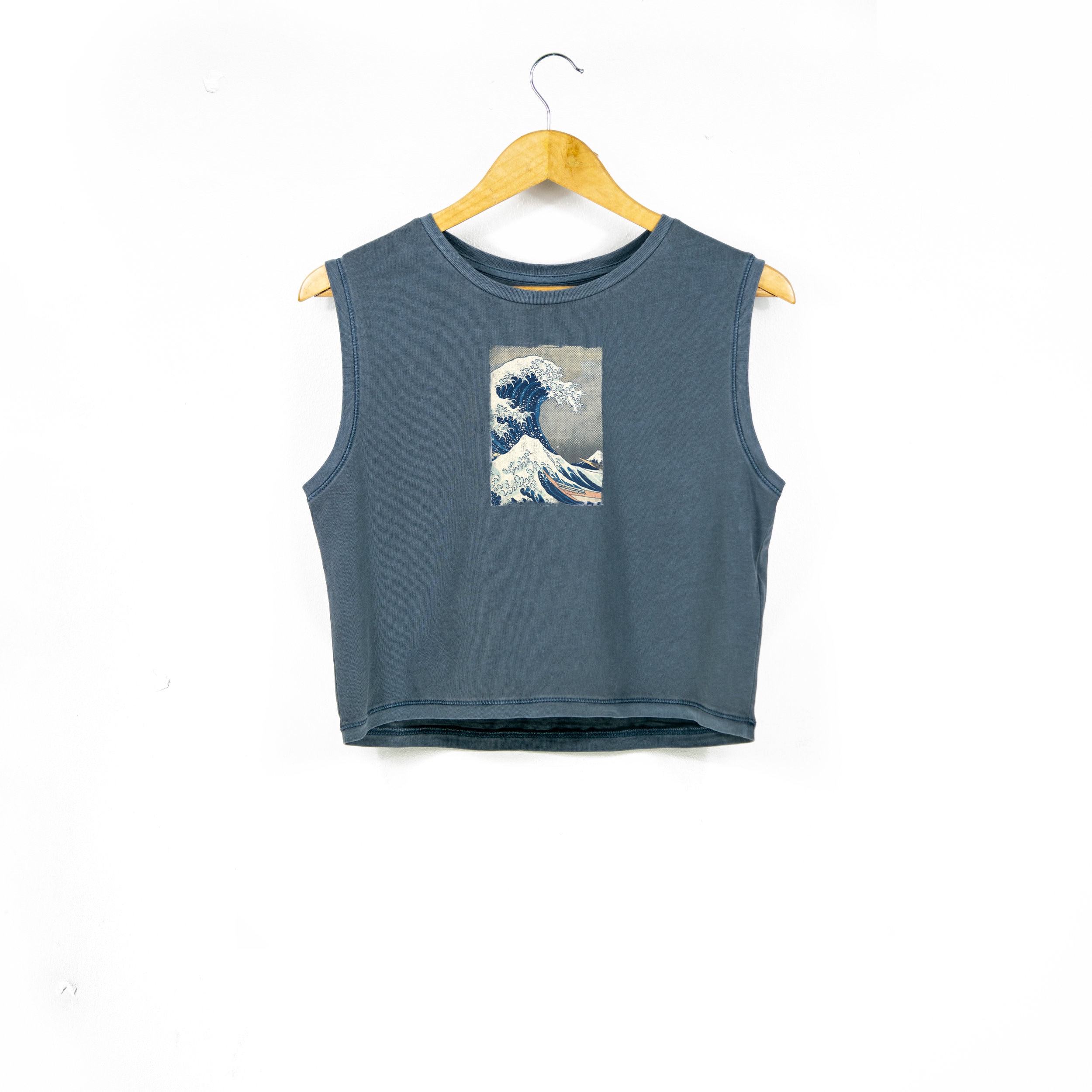 Womens Sleeveless Crop Top With Japanese Art | The Great Wave Off Kanagawa Hokusai Print | Ladies Relaxed Fit Cropped Tank in Mineral Grey