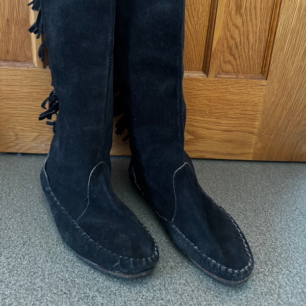 Vintage Black Suede Fringed Moccasins Moccasin Boots 39/40