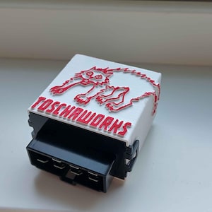 Può includere: Una scatola bianca con un gatto rosso di cartone animato e il testo "TOSCIAWORKS" stampato sulla parte superiore. La scatola ha un connettore nero nella parte inferiore.