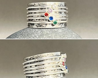 5 bagues Spinner avec pierres de naissance, bague de méditation avec pierres précieuses, bague familiale, bague fidget, bague en argent sterling pour femme, réalisation sur commande