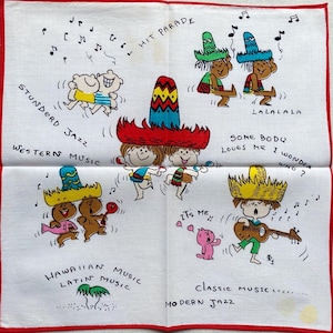 Vintage Japanese Cartoon Handkerchief: Musical Parade