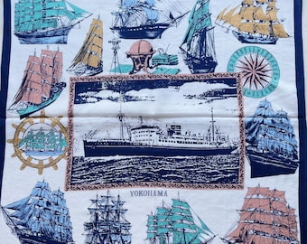 Vintage Yokohama Sail Handkerchief: Nautical Art Print