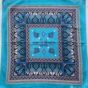 Vintage Paisley Handkerchief: Teal Blue Geometric Print (20.5&quot;x22.5&quot;)