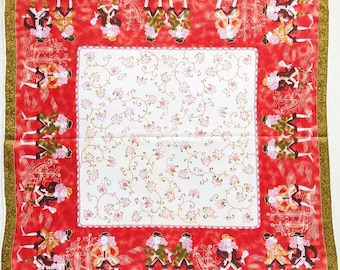 Vintage Japanese Art Handkerchief: Floral & Figure Print