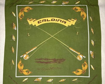 Vintage Fishing Handkerchief – Fly Fishing Rod Print Hanky – Green Outdoorsmen Collectible