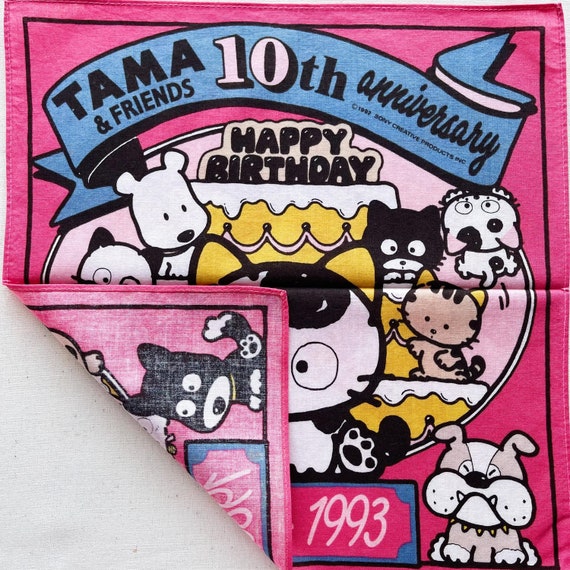 ハンドメイドハンカチ　見本 1993年ヴィンテージ タマと仲間たちのハンカチ：漫画猫と動物の