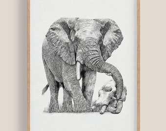 Elephant Artwork | Hand Drawn Animal Wall Art | Wildlife Fine Art Print | Nature Lover