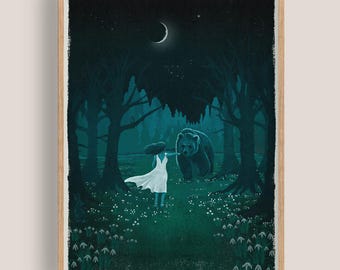 Soñando con el Oso, Lámina Giclée del Bosque Mítico, Obra de Arte Folclórica, Lámina de Arte Fantástico Ilustrado