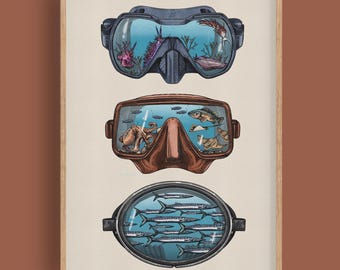 May include: A framed art print featuring three stacked diving masks. The top mask shows a blue underwater scene with a nudibranch. The middle mask displays an octopus and fish. The bottom oval mask contains a school of silver fish swimming together.