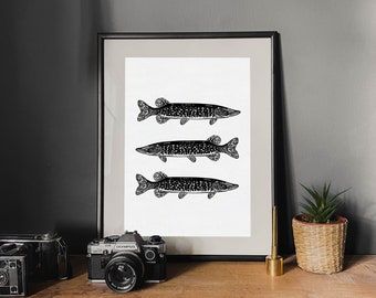 Impresión de pez lucio / Arte de pesca con caña / Ilustración de lucio Póster