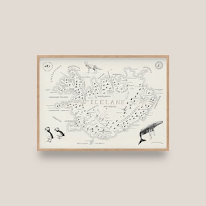 Mappa illustrata digitale dell'Islanda / Grafica scaricabile / Poster della fauna selvatica della mappa nordica / Regalo dell'Islanda