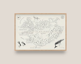 Puede incluir: Un mapa ilustrado en blanco y negro de Islandia con varias ilustraciones de animales, incluyendo una ballena, un zorro y frailecillos. El mapa presenta el texto "Iceland" y "Vatnajökull" en negro.