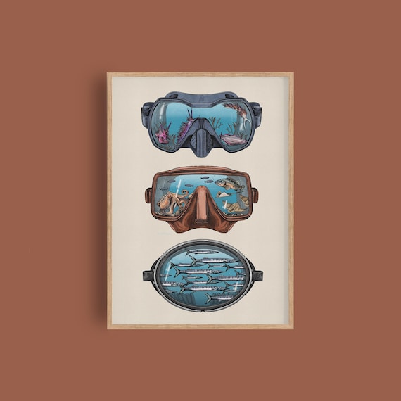 Scuba Diving Mask Print, Diver Gift, Ocean Wall Art, Nautical Decor, Coastal Artwork, Gift for Scuba Divers
