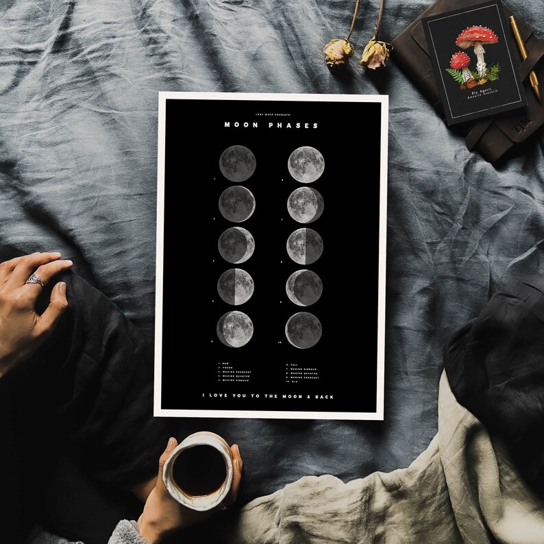 Puede incluir: Impresi&oacute;n en blanco y negro de las fases de la luna con el texto "Te amo hasta la luna y de regreso".