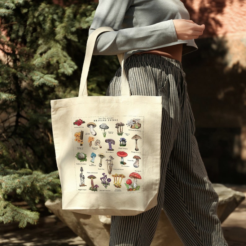 May include: A white canvas tote bag with a colorful illustration of different types of mushrooms. The illustration is titled "Last Map Press presents British Fungi".