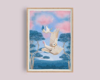 Puede incluir: Una impresión artística enmarcada que presenta una escena surrealista. Una mujer cae del cielo sobre un gran pájaro con rasgos de búho. El fondo incluye árboles azules, nubes rosas y una luna creciente.