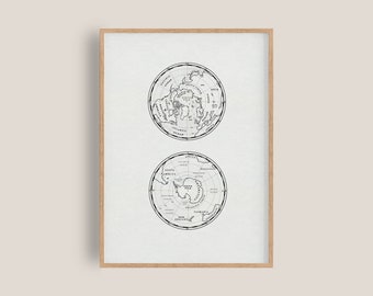 Puede incluir: Una ilustración en blanco y negro de la Tierra con el Polo Norte y el Polo Sur en el centro. Los continentes están etiquetados en un patrón circular alrededor de cada polo.