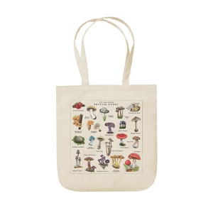 May include: A beige tote bag with a colorful illustration of various mushrooms. The text "Lost Maps presents BRITISH FUNGI" is printed at the top of the illustration.