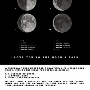 Puede incluir: Ilustraci&oacute;n en blanco y negro de la luna en sus diez fases. Las fases est&aacute;n numeradas y nombradas, por ejemplo, "Nueva", "Joven", "Creciente creciente", "Primer cuarto", "Gibosa creciente", "Llena", "Gibosa menguante", "&Uacute;ltimo cuarto", "Creciente menguante" y "Vieja". El texto "Te amo hasta la luna y de regreso" est&aacute; impreso debajo de la ilustraci&oacute;n. Un toque personal hace de un regalo un objeto hermoso y cuenta tu historia. Aqu&iacute; tienes algunas ideas para las personalizaciones: 1. Un mensaje o una cita 2. Una fecha especial 3. Los nombres de tus seres queridos Te enviaremos una prueba para que puedas comprobar que todo est&aacute; correcto. Cuando a&ntilde;adas la ilustraci&oacute;n a tu cesta, simplemente a&ntilde;ade tu personalizaci&oacute;n en el cuadro de texto.
