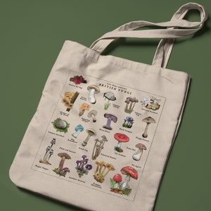 May include: A beige tote bag with a colorful illustration of various mushrooms. The text "Lost Maps presents BRITISH FUNGI" is printed at the top of the bag.