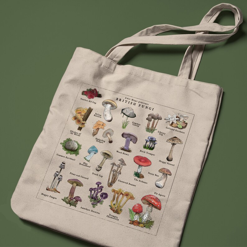 May include: A beige tote bag with a colorful illustration of various mushrooms. The text "Lost Maps presents BRITISH FUNGI" is printed at the top of the bag.