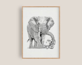 Puede incluir: Un dibujo a lápiz en blanco y negro de un elefante con la trompa envuelta alrededor de una calavera.
