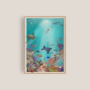 Impresión de arrecife de coral / Cartel del océano / Gran barrera de coral / Arte de pared náutica / Impresión de vivero / Buceo / Arte marino