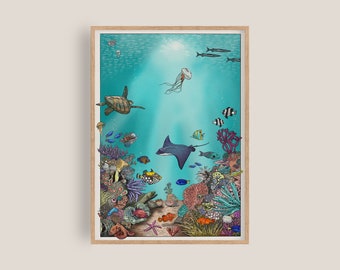 Puede incluir: Una escena submarina colorida con una raya, una tortuga marina y una variedad de peces nadando alrededor de arrecifes de coral. La escena está pintada en un estilo realista con colores vibrantes.