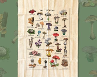 Paño de cocina con hongos británicos / Ilustración vintage de hongos / Arte botánico de cocina