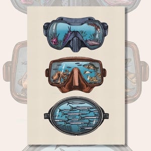 K&ouml;nnte beinhalten: Ein vertikaler Kunstdruck mit drei &uuml;bereinander angeordneten Tauchmasken. Die obere Maske zeigt violette Nacktkiemer, die mittlere Maske einen Oktopus und Rochen, und die untere ovale Maske enth&auml;lt einen Schwarm Barrakudas auf cremefarbenem Grund.