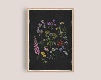Puede incluir: Una impresión en blanco y negro de una variedad de flores y plantas sobre un fondo negro. Las flores están dispuestas en un patrón circular e incluyen flores moradas, rosas, amarillas, rojas y blancas.