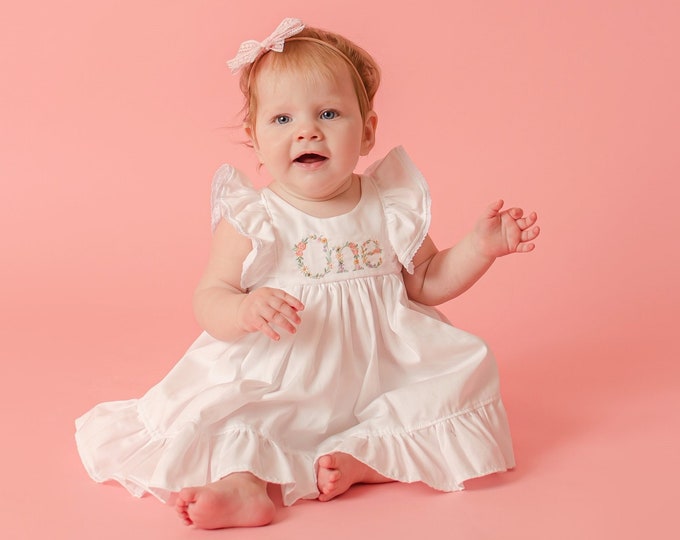 Baby Girl First Birthday Cotton Dress in White