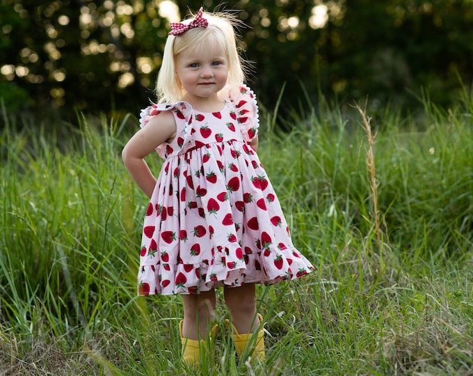 Girls Pink Dress with Strawberry Print