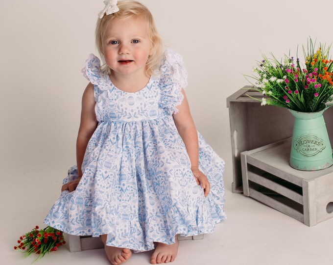Girls' Cotton Dress in Blue Easter Toile